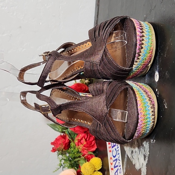 RAMPAGE 7.5M Bridgette Wedge Slingback T Strap Fabric Open Toe Heel - Picture 5 of 11